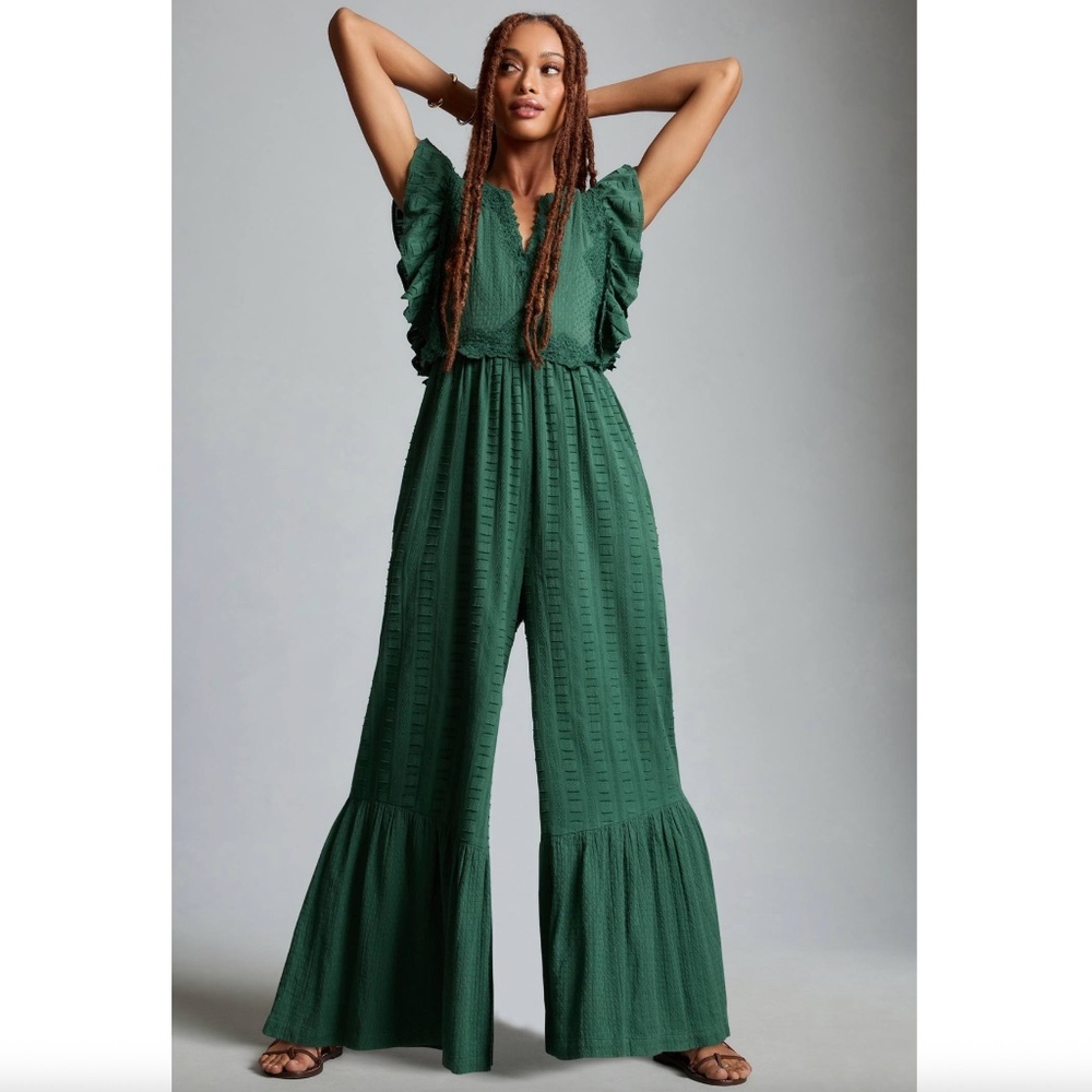 Anthropologie Embroidered Flounce Jumpsuit